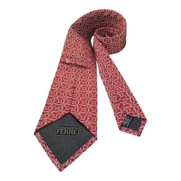 GIANFRANCO FERRE Red Geometric Monogrammed Silk Tie Italy 57"/3".3/4 EX COND - Picture 3 of 7